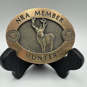 Vintage NRA Member Hunter Belt Buckle Brass Tone Deer Buck Wildlife Logo Oval